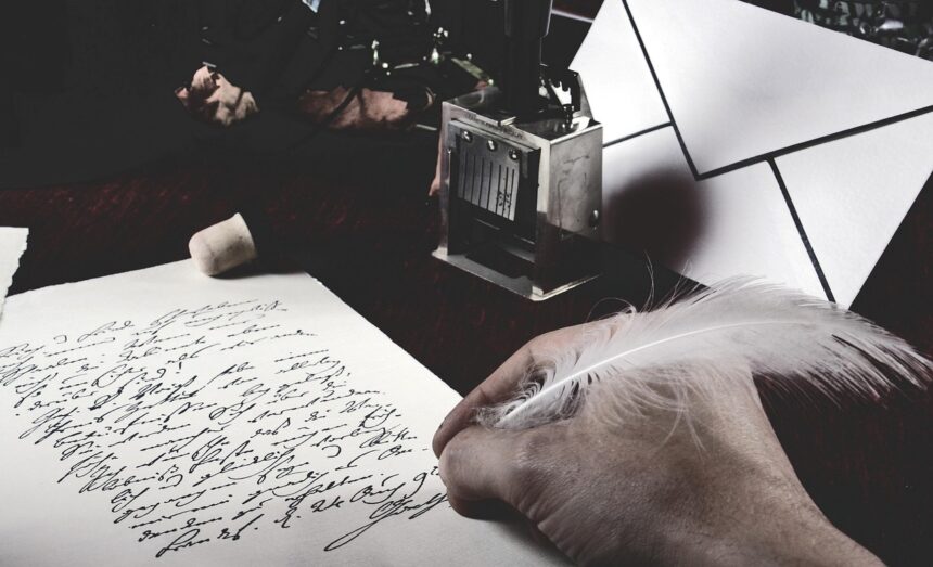 Un hombre escribe con una pluma junto a un tintero una caligrafía clásica.