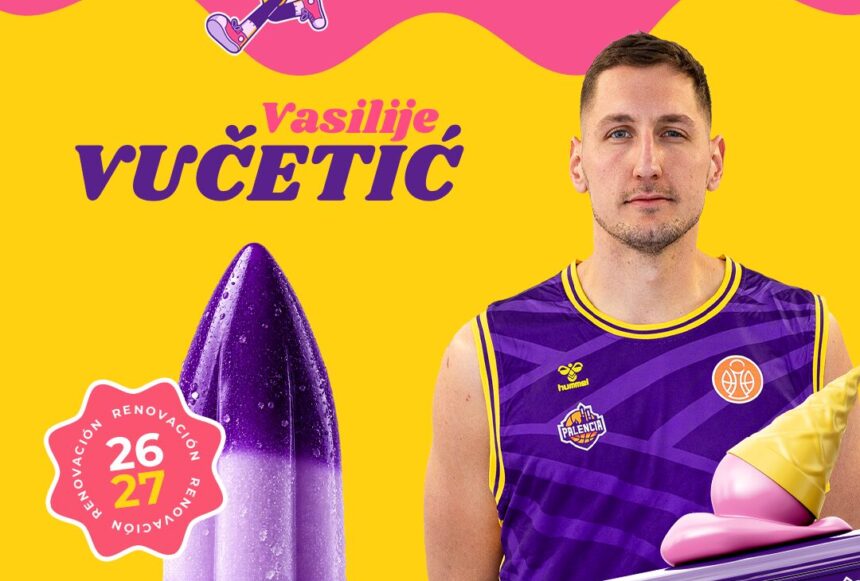 Vasilije Vučetić en un cartel que simula un anuncio de helados.