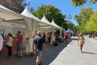 Varias personas contemplan las piezas de distintas casetas del la Feria de Artesanía del Paseo del Salón en una soleada mañana.