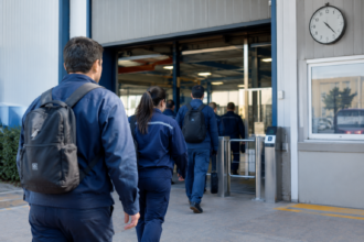 Varias personas con su uniforme laboral azul caminan hacia la entrada de una fábrica