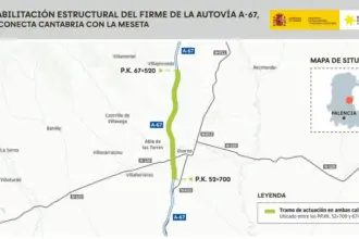 Mapa de la rehabilitación del firme de la A-67 entre Santillada de Campos y Villaprovedo.
