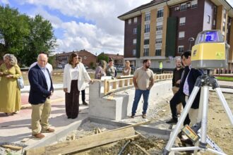 Varias personas contemplan la evolución de unas obras en una plaza