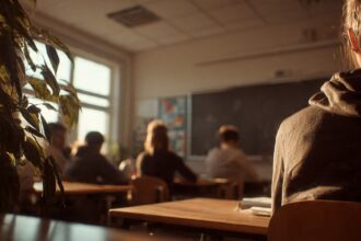 Varios alumnos sentdos en su pupitre miran hacia la pizarra